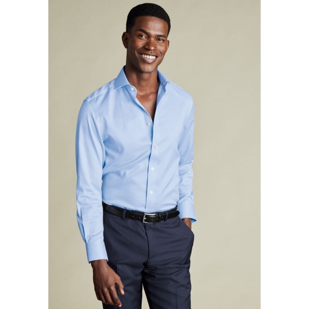 Charles Tyrwhitt Sky Blue Puppytooth Non-Iron Extra Slim Fit Shirt 17.5/35 NWT